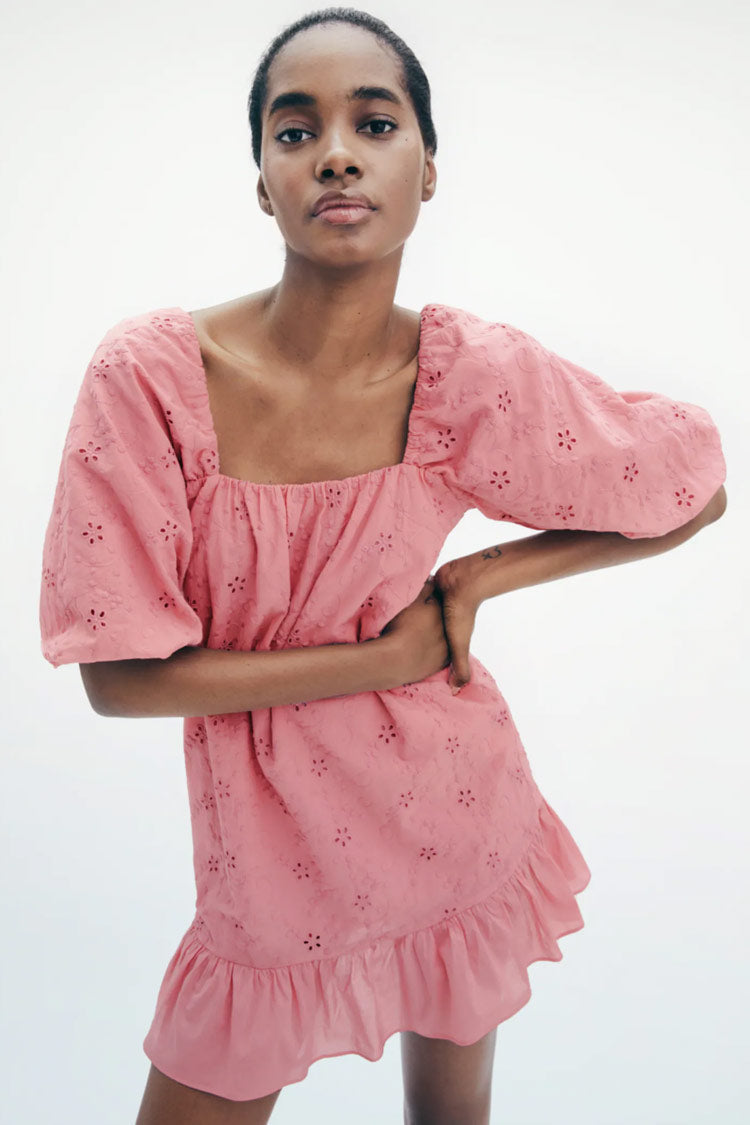Puff Sleeve Broderie Anglaise Ruffle Mini Smock Dress - Pink
