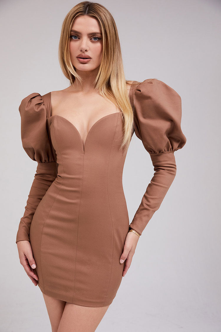 Puff Sleeve Deep V Bodycon Cocktail Party Mini Dress - Coffee - Fashionpara