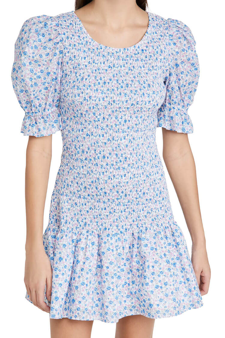 Puff Sleeve Ditsy Floral Smocked Summer Mini Dress - Blue  Fashionpara