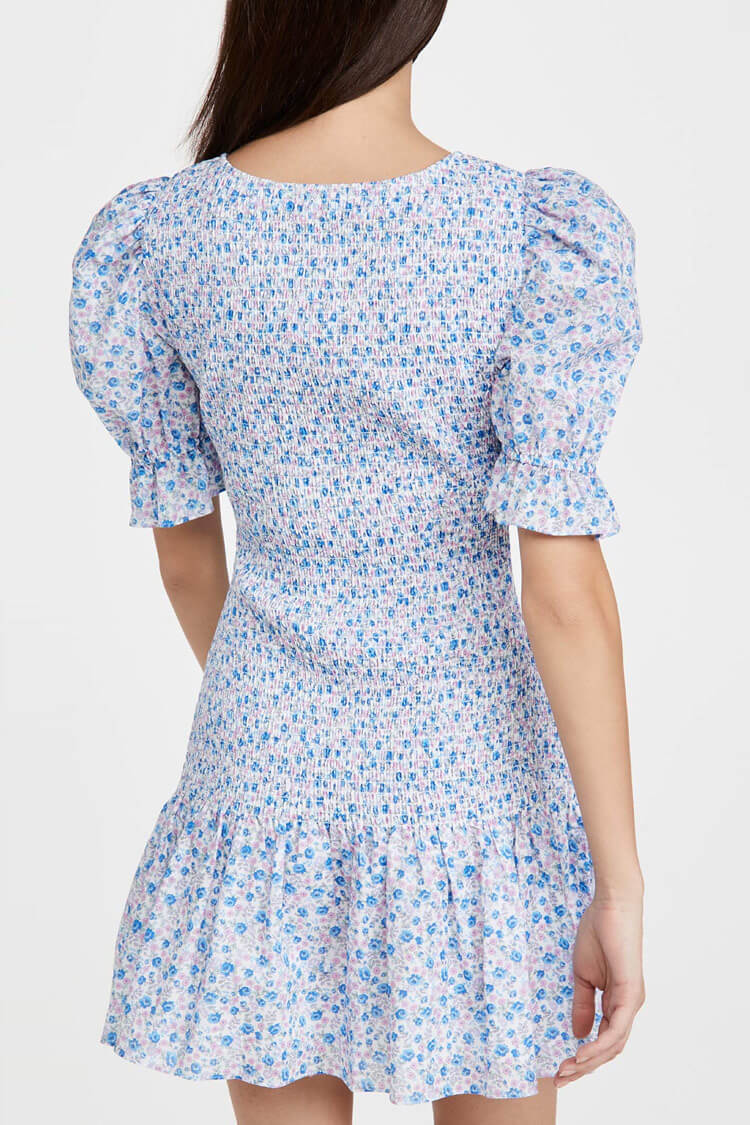 Puff Sleeve Ditsy Floral Smocked Summer Mini Dress - Blue  Fashionpara
