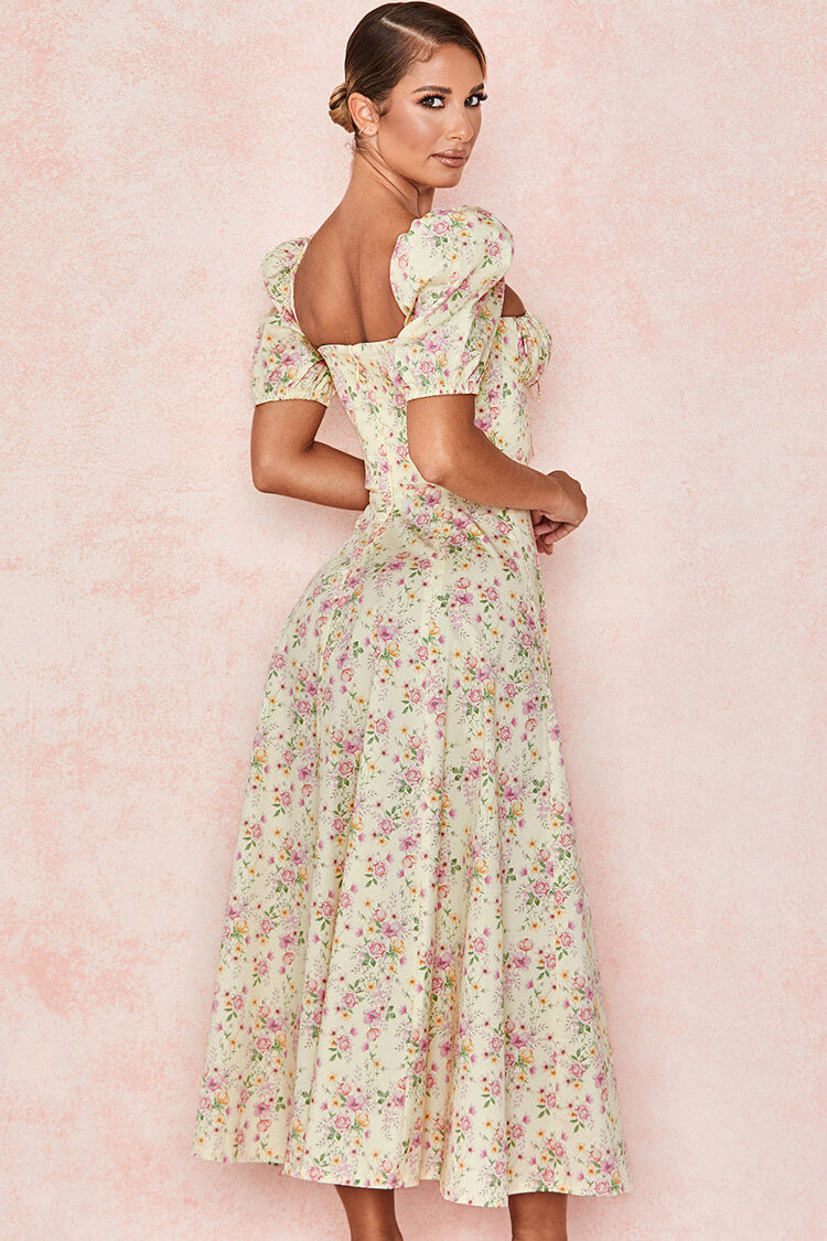 Puff Sleeve Ditsy Floral Tie Front High Slit Midi Dress - Light Yellow Fashionpara