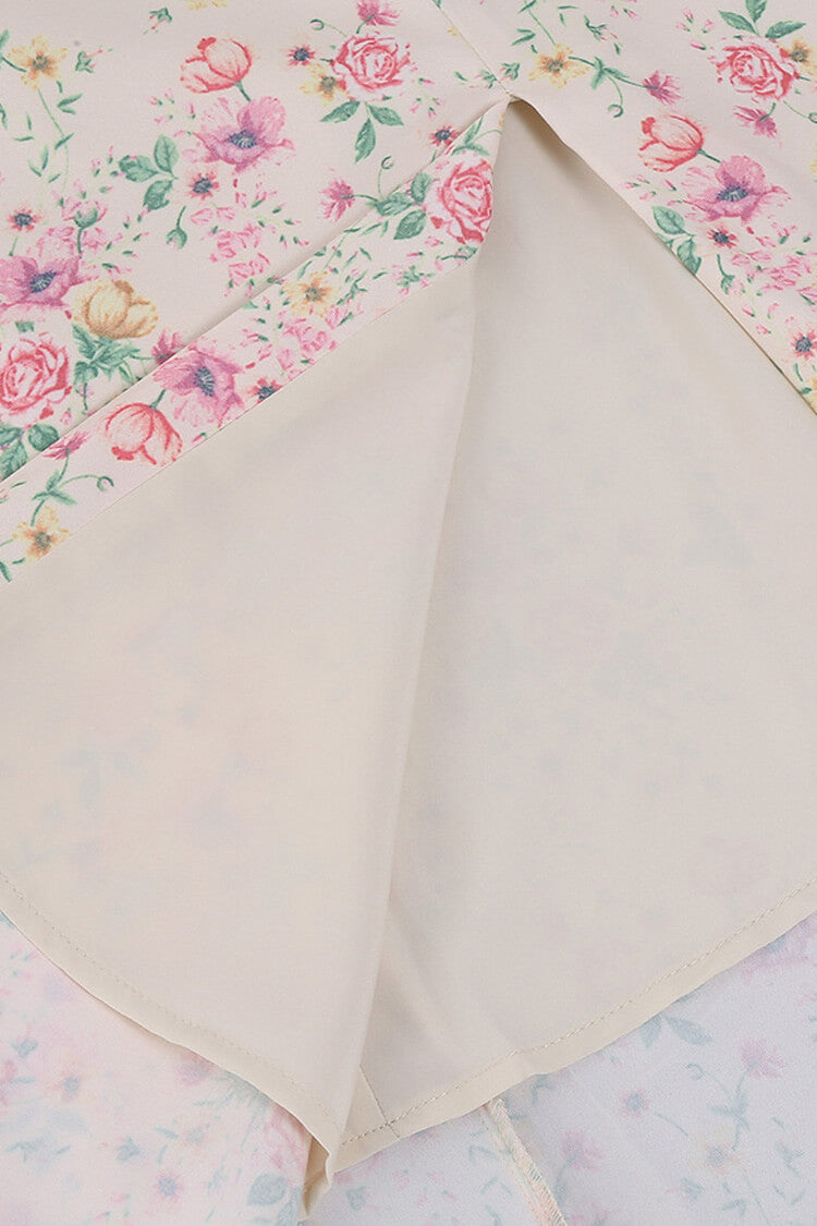 Puff Sleeve Ditsy Floral Tie Front High Slit Midi Dress - Light Yellow Fashionpara