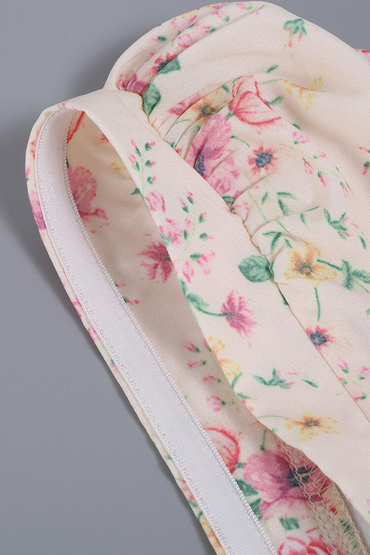 Puff Sleeve Ditsy Floral Tie Front High Slit Midi Dress - Light Yellow Fashionpara