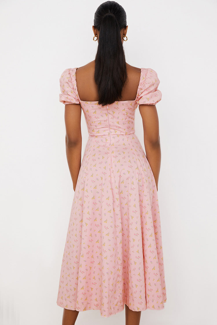 Puff Sleeve Ditsy Floral Tie Front High Slit Midi Dress - Pink Fashionpara