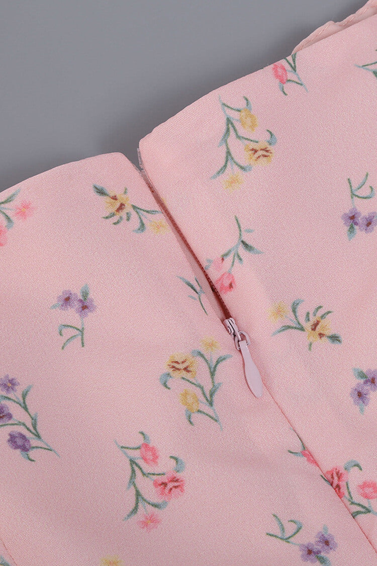 Puff Sleeve Ditsy Floral Tie Front High Slit Midi Dress - Pink Fashionpara