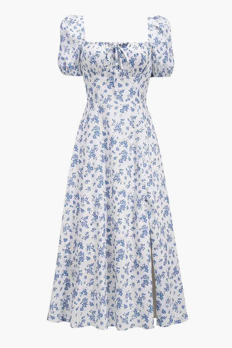 Puff Sleeve Ditsy Floral Tie Front High Slit Midi Dress - Blue Fashionpara