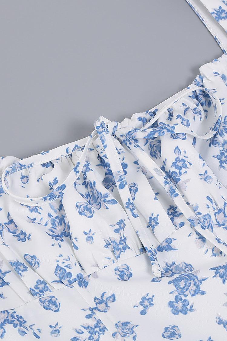 Puff Sleeve Ditsy Floral Tie Front High Slit Midi Dress - Blue Fashionpara