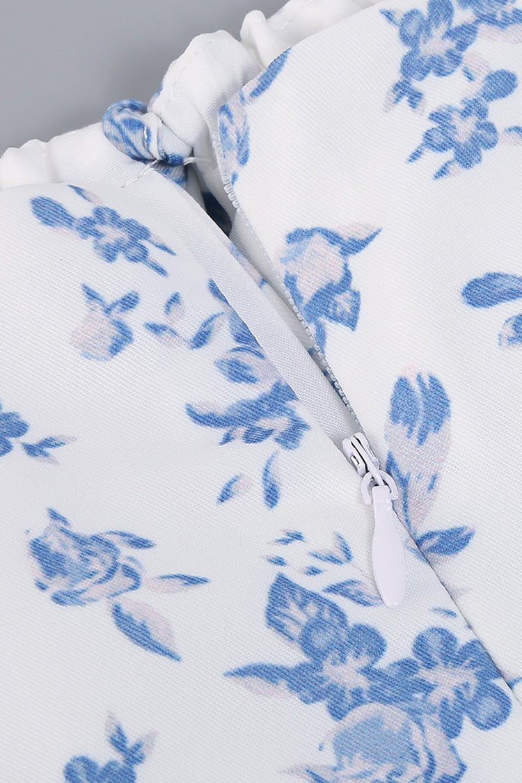 Puff Sleeve Ditsy Floral Tie Front High Slit Midi Dress - Blue Fashionpara