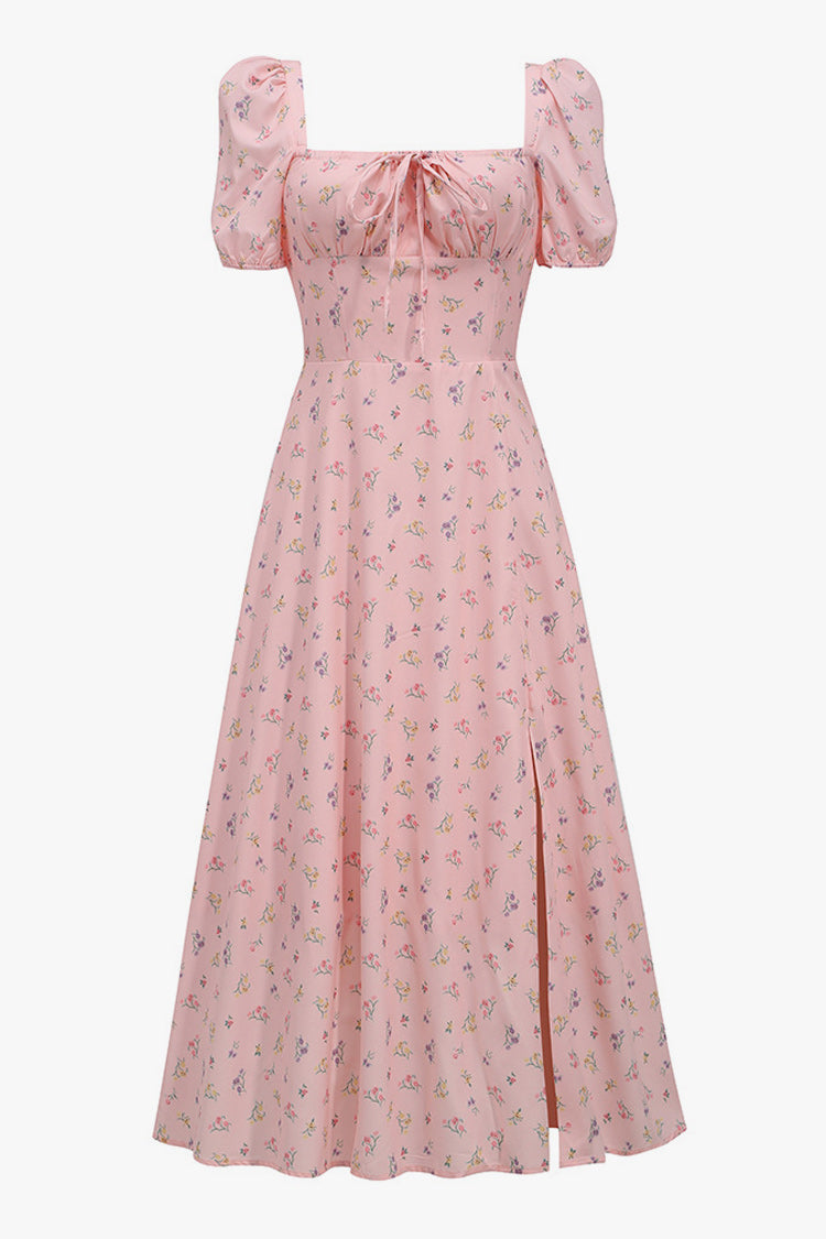 Puff Sleeve Ditsy Floral Tie Front High Slit Midi Dress - Pink Fashionpara