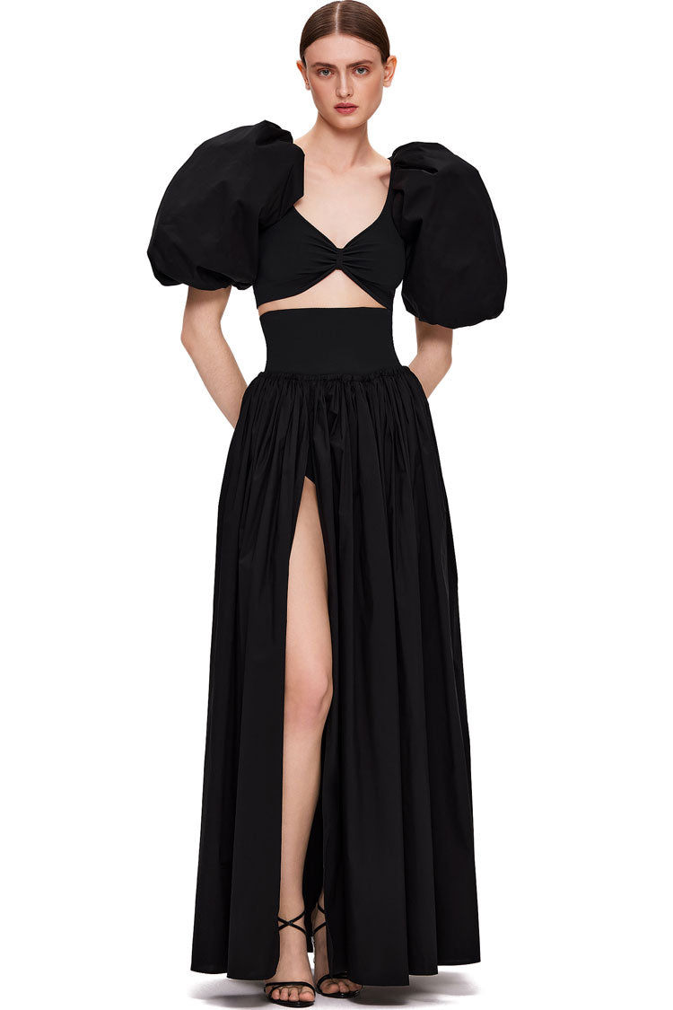 Puffl Sleeve Crop High Waist High Split Two Piece Maxi Dress - Black Fashionpara