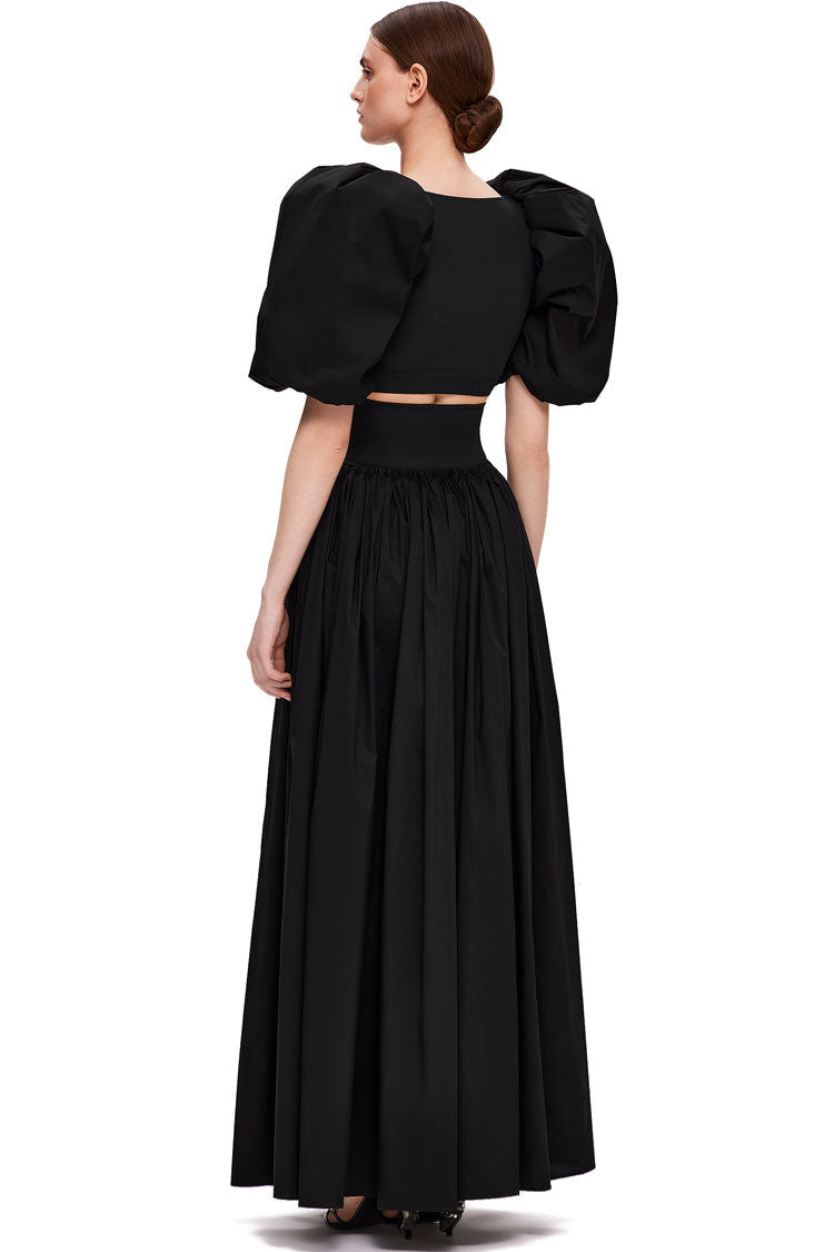 Puffl Sleeve Crop High Waist High Split Two Piece Maxi Dress - Black Fashionpara