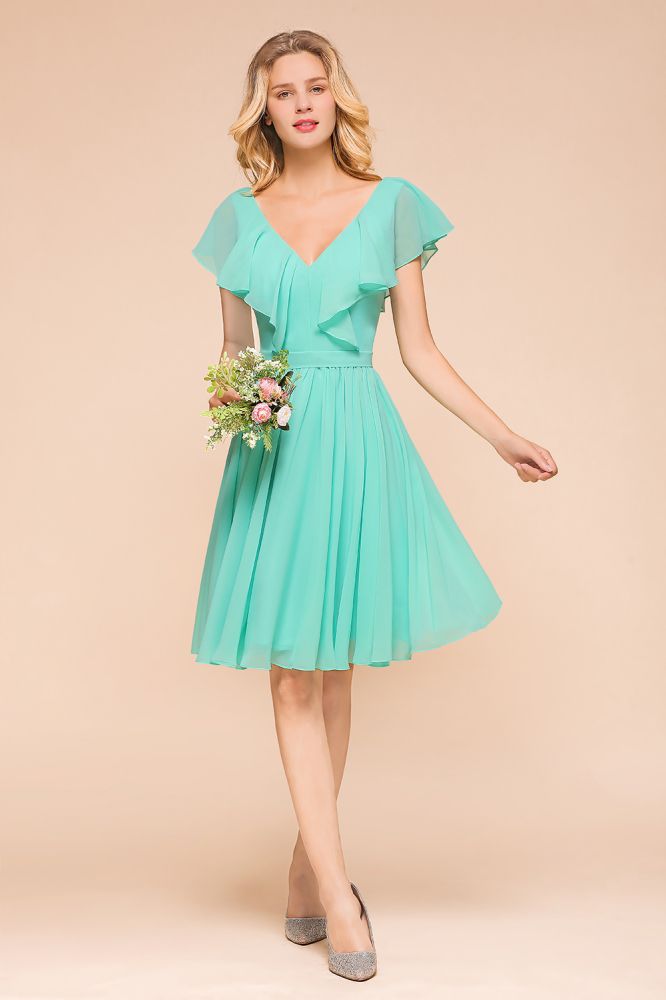 Puffy Knee Length Bridesmaid Dress Chiffon V-Neck Casual Short Dress