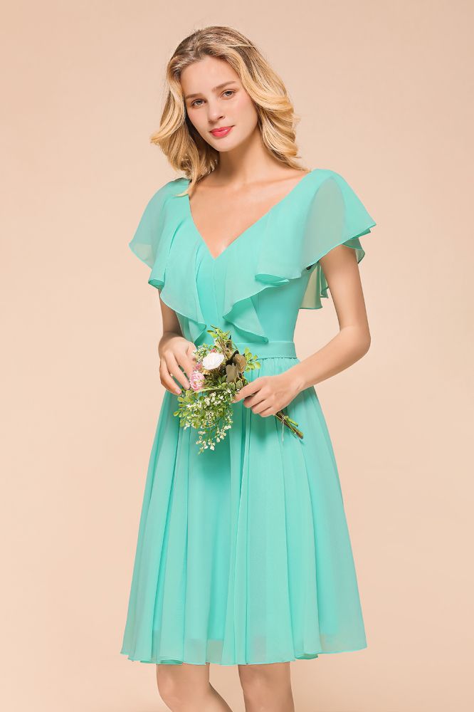 Puffy Knee Length Bridesmaid Dress Chiffon V-Neck Casual Short Dress