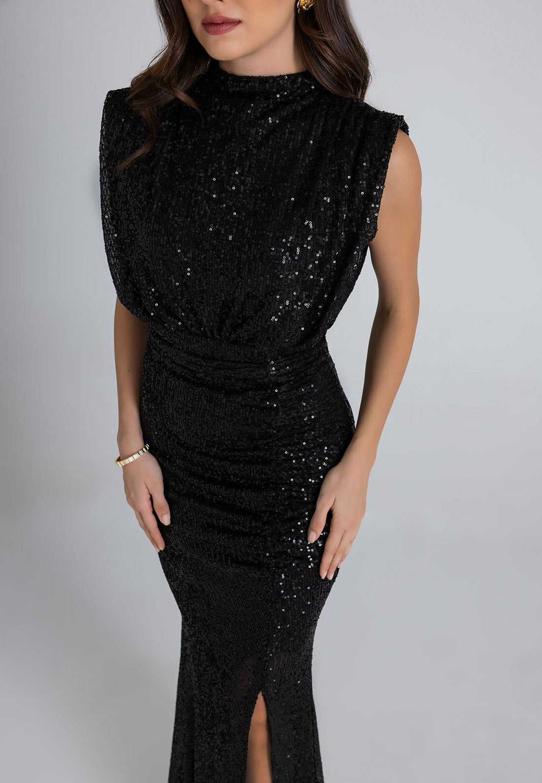 Side Slit Trumpet Formal Dresses Floor-Length High Neck Sequined Sleeveless Evening Gown