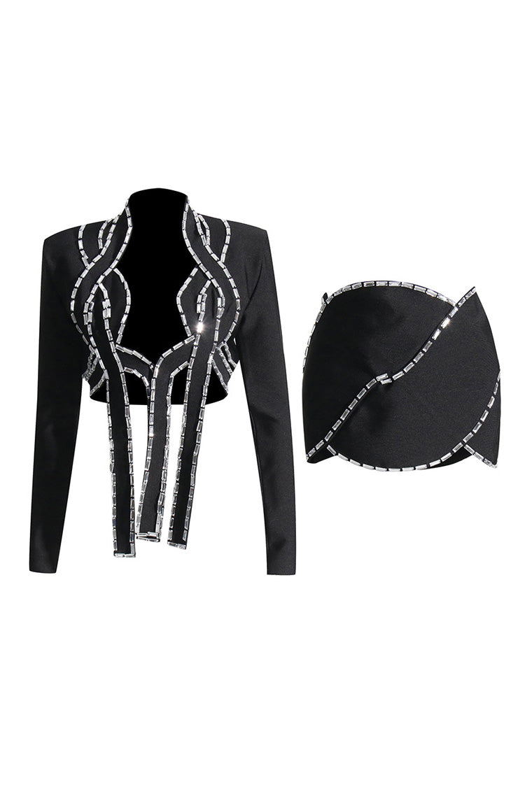 Punk Rhinestone Braided Rope Cutout Crop Blazer Two Piece Mini Dress - Black Fashionpara