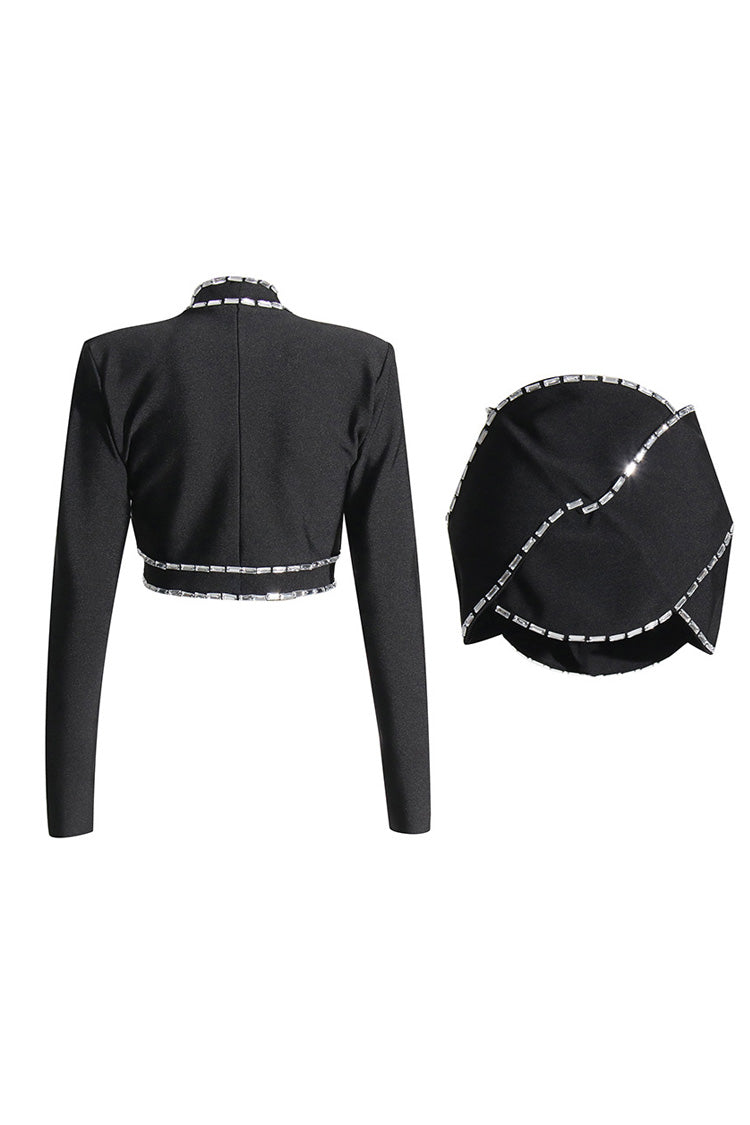 Punk Rhinestone Braided Rope Cutout Crop Blazer Two Piece Mini Dress - Black Fashionpara
