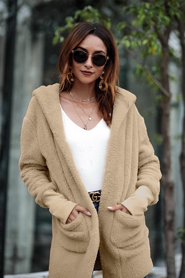 RadyRin Pure Color Hooded Cardigan with Convenient Pockets