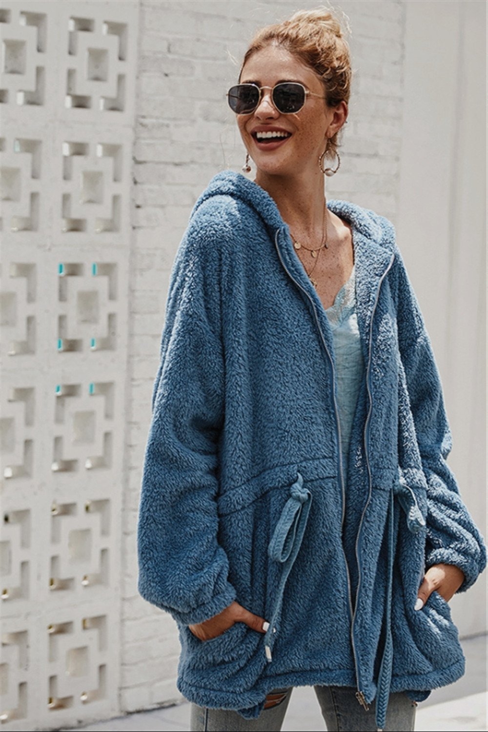 Pure Color Plush Hooded Zipper Coat