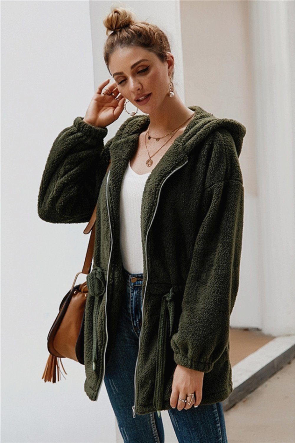 Pure Color Plush Hooded Zipper Coat