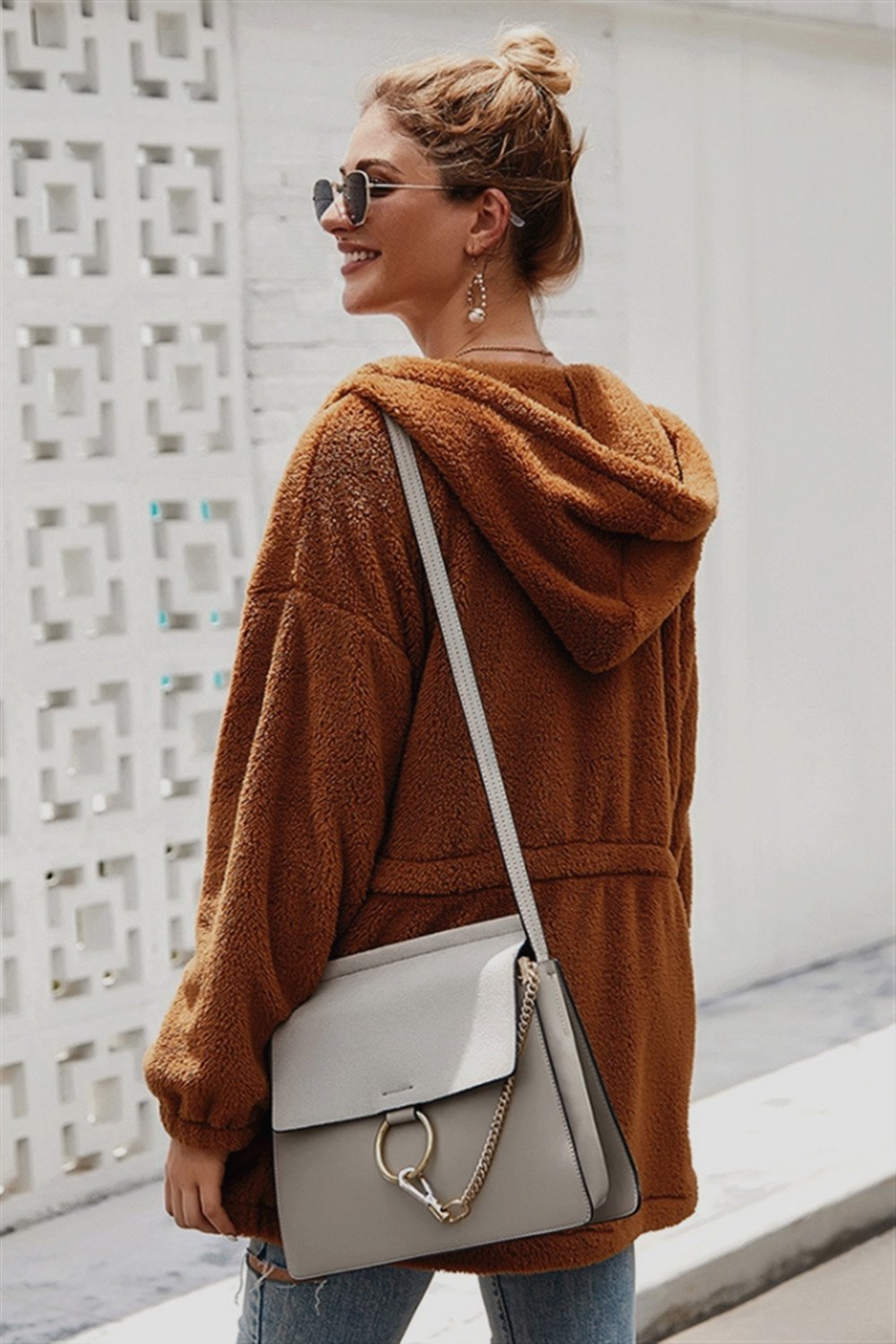 Pure Color Plush Hooded Zipper Coat