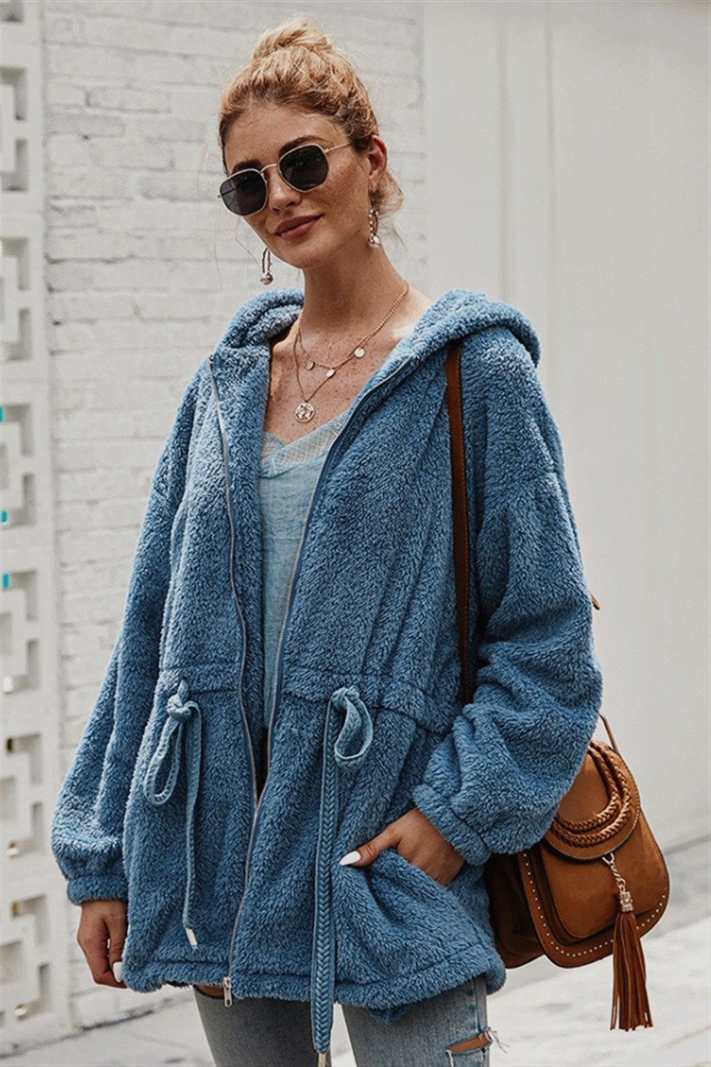 Pure Color Plush Hooded Zipper Coat