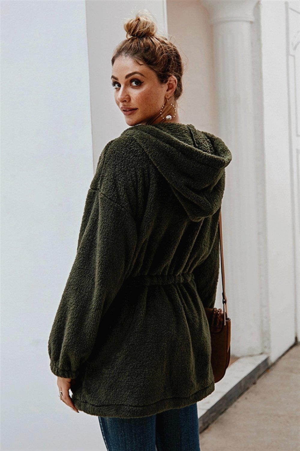 Pure Color Plush Hooded Zipper Coat