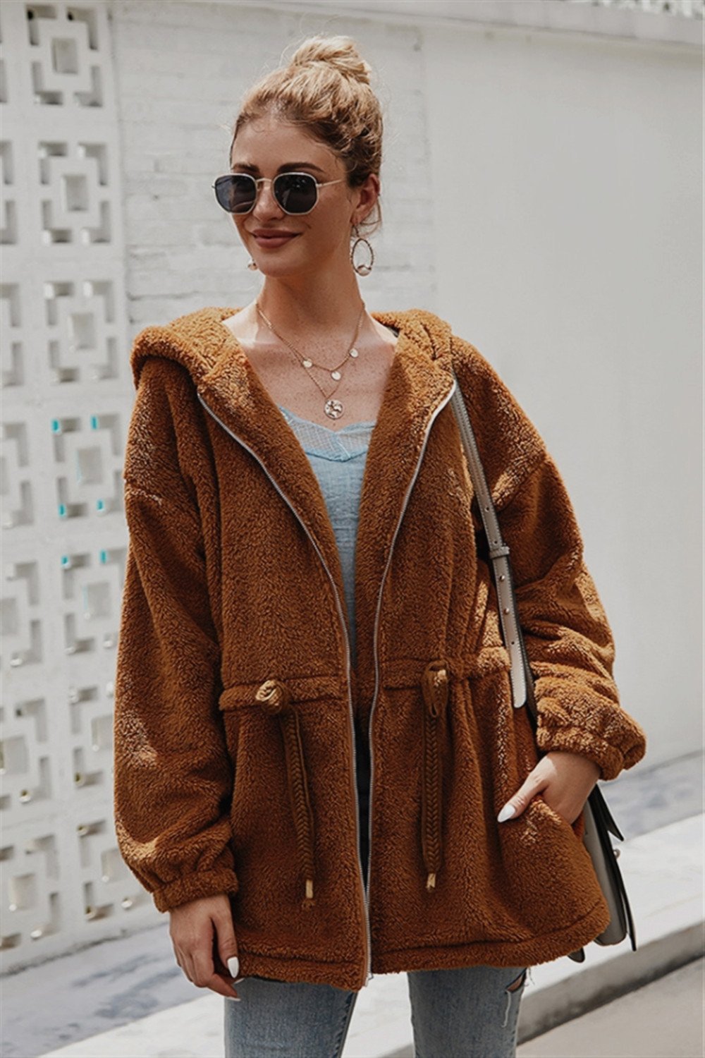 Pure Color Plush Hooded Zipper Coat