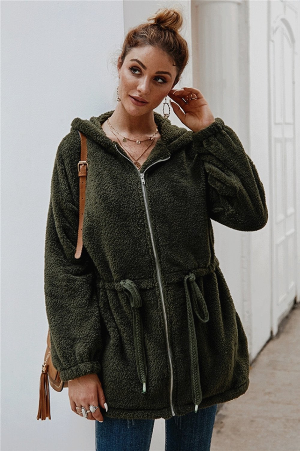 Pure Color Plush Hooded Zipper Coat