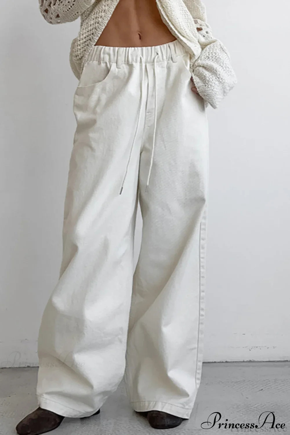 Pure Cotton White Drawstring Denim Pants White / S