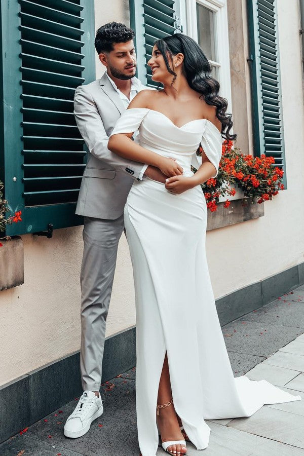 Pure White Wedding Dress Off-the-Shoulder Mermaid - Fashionpara