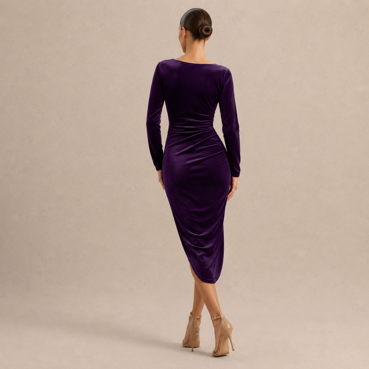 V-Neck Long Sleeve Ruched Velvet Wrap Midi Dress 12
