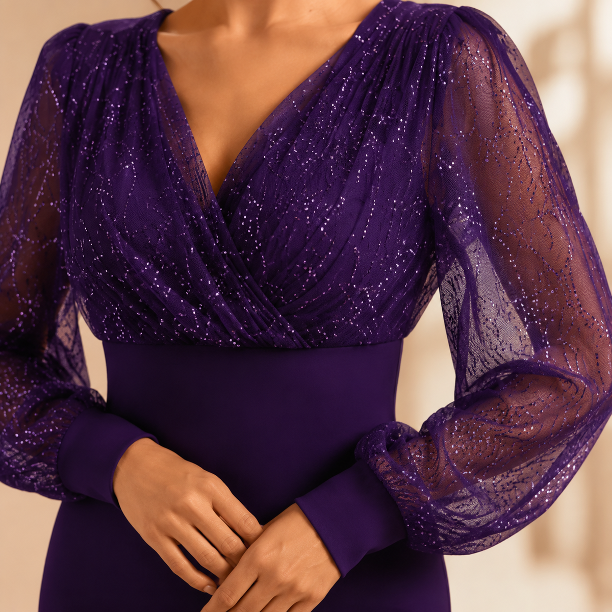 V-Neck Glitter Mesh Long Sleeve Bodycon Mini Dress 8