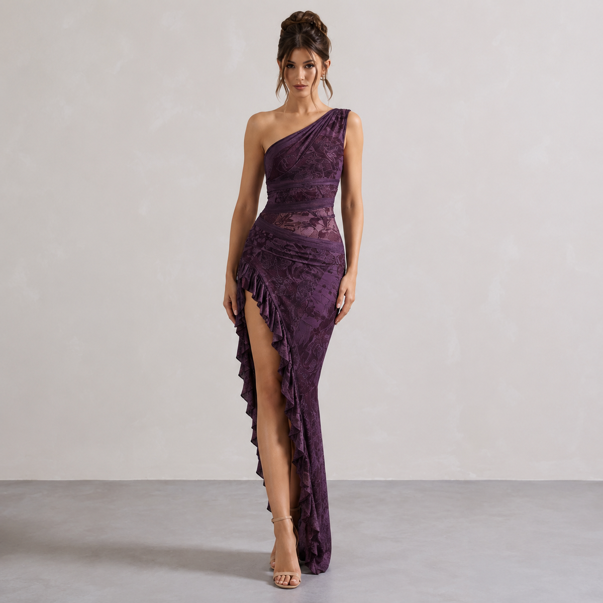 One Shoulder Floral Burnout Ruffle High Split Maxi Dress 13
