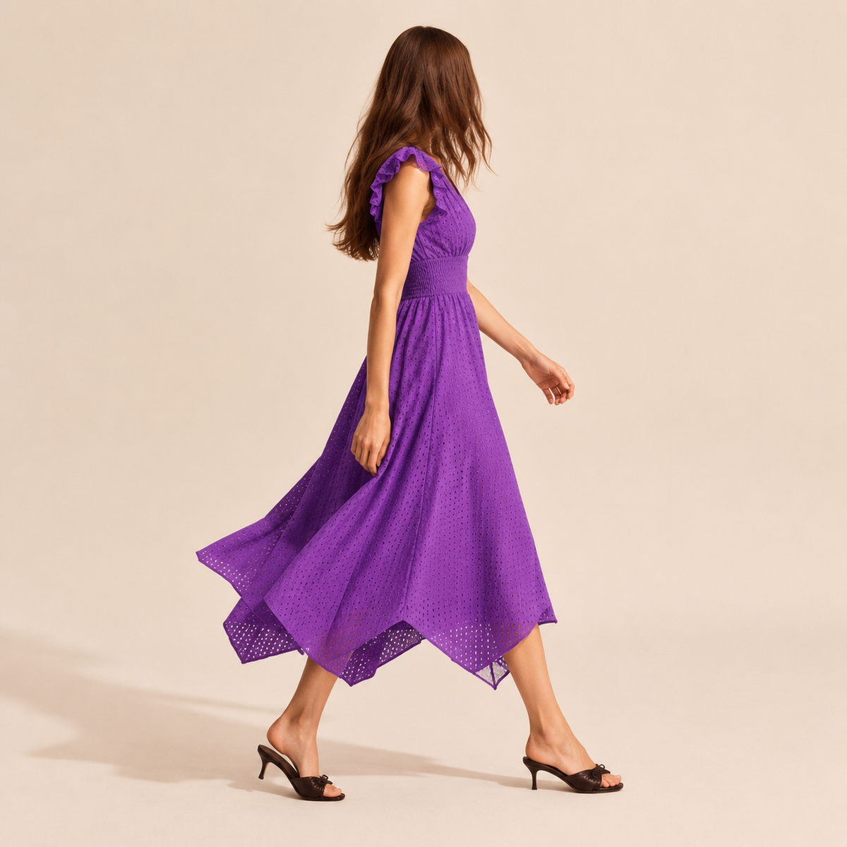 Broderie V-Neck Flutter Sleeve Shirred Waist A-Line Midi Dress 24