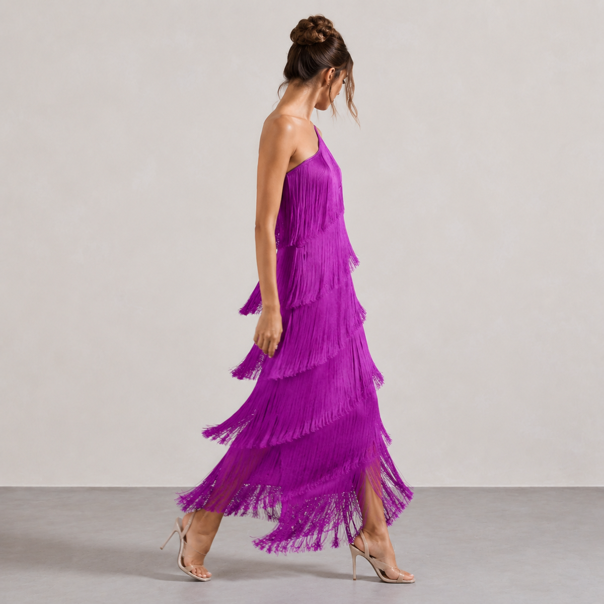 One Shoulder Tiered Tassel Fringe Bodycon Maxi Dress 12