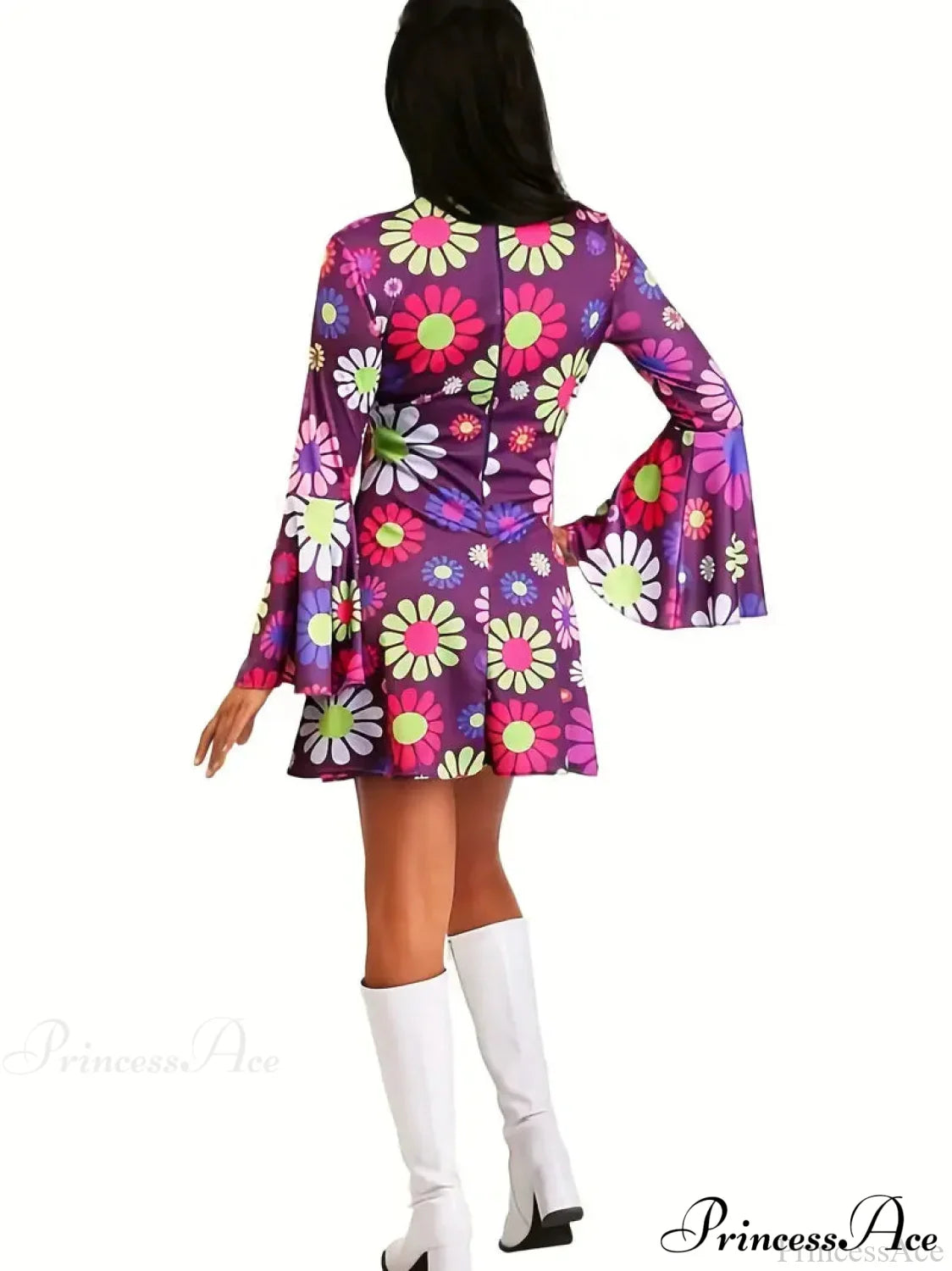 Purple Floral Flared Long Sleeve Party Dress