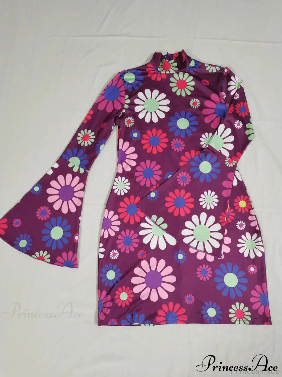 Purple Floral Flared Long Sleeve Party Dress