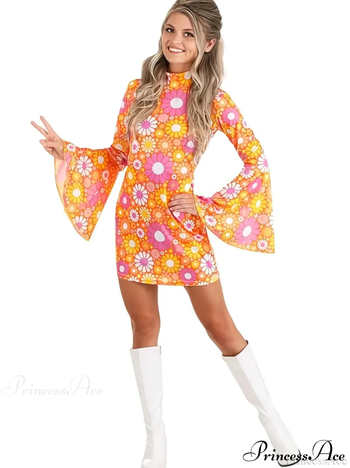 Purple Floral Flared Long Sleeve Party Dress