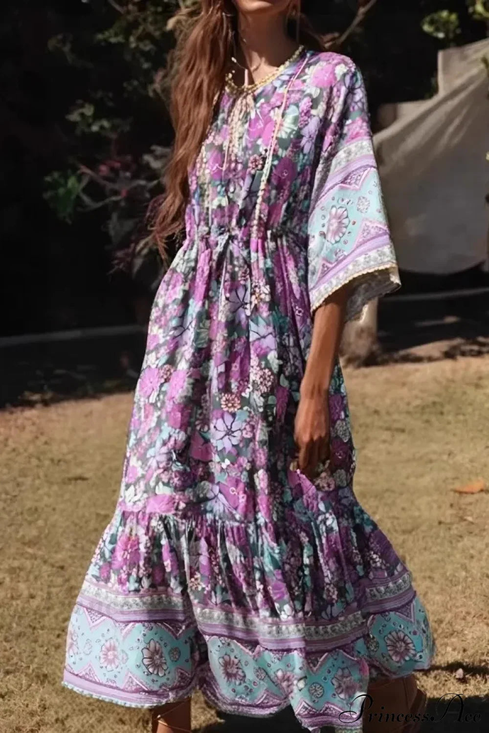 Purple Floral Print Batwing Sleeve Maxi Boho Dress Purple / S bohodress-250126
