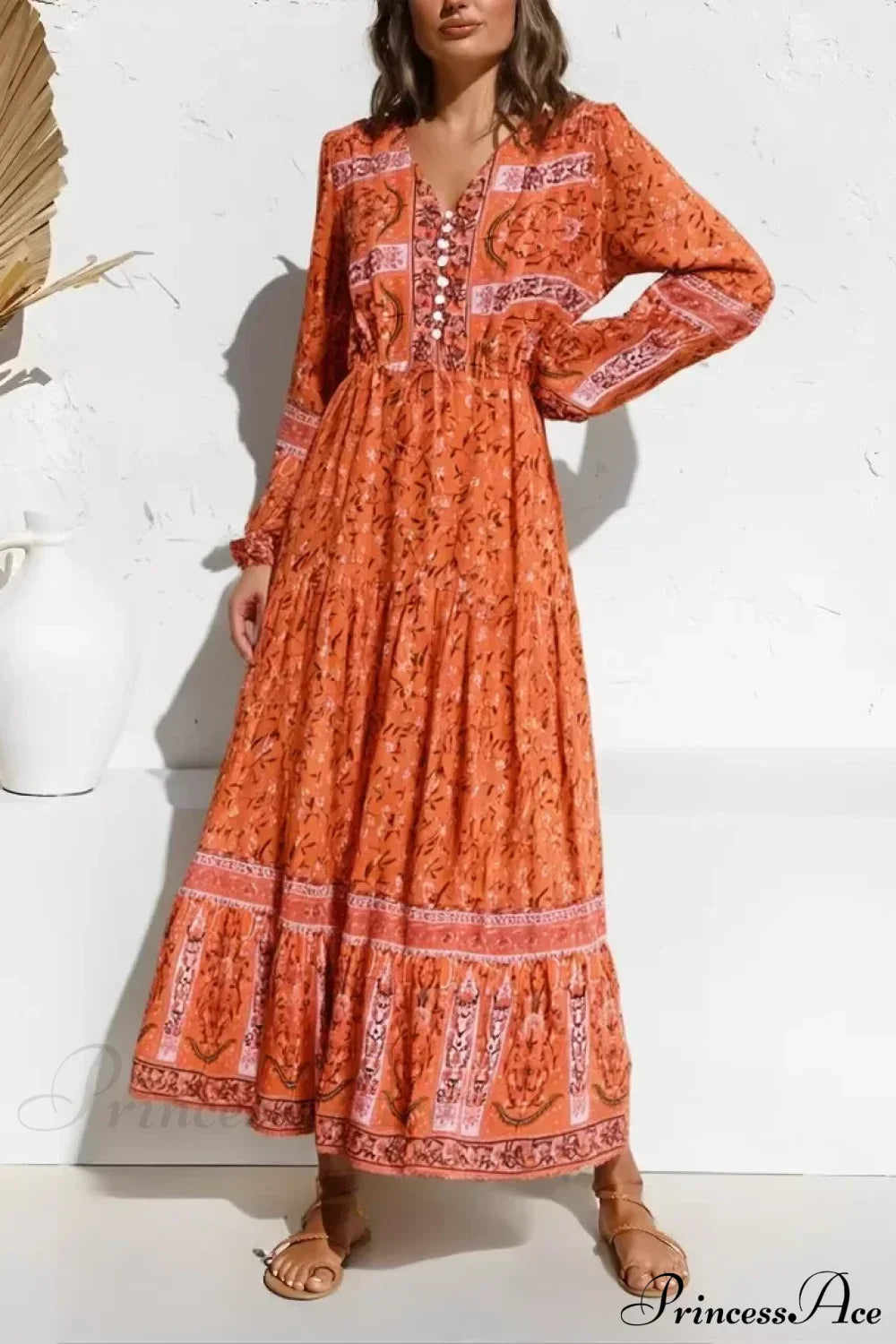 Purple Floral Print Lantern Sleeve V-neck Rayon Maxi Boho Dress Orange / S bohodress-250126