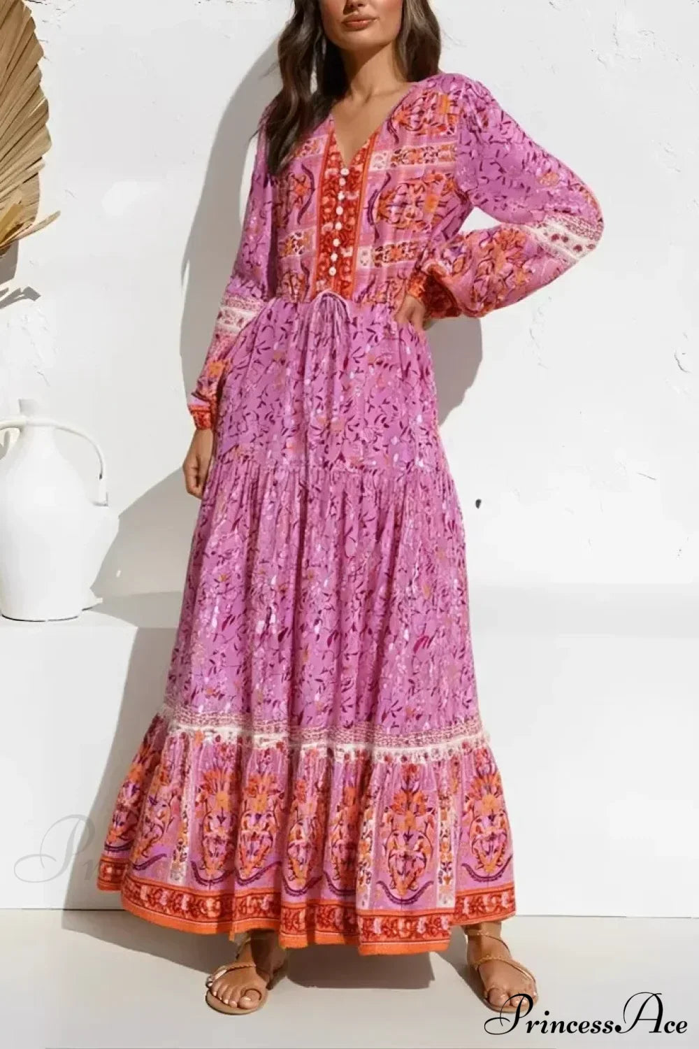 Purple Floral Print Lantern Sleeve V-neck Rayon Maxi Boho Dress Purple / S bohodress-250126