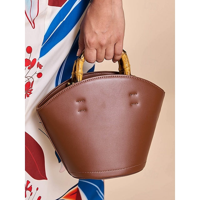 Brown Bamboo Leather Bucket Bag Handle with