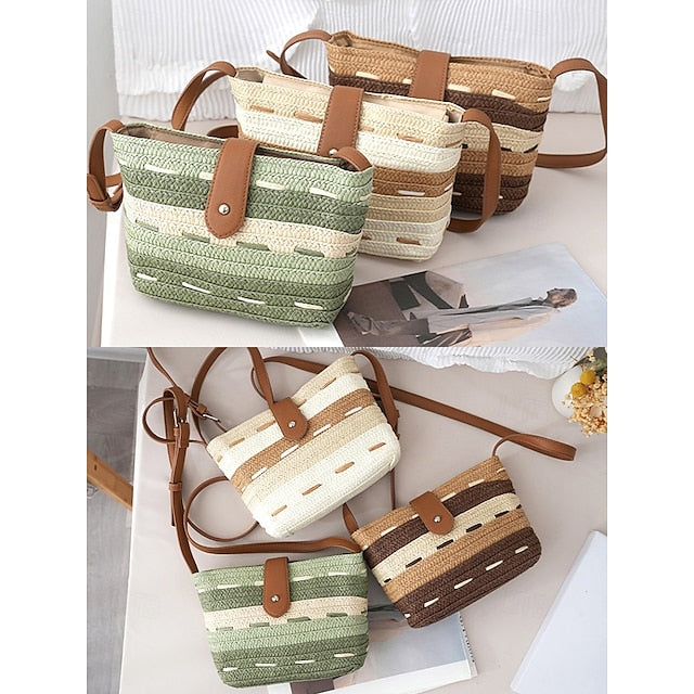 Striped with Bag Colorblock Straw Woven Brown Tote