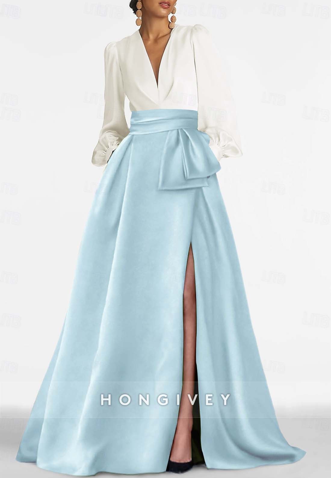 A-line High Slit Evening Gown Floor-Length V Neck Long Sleeve Pleated Mother of the Bride
