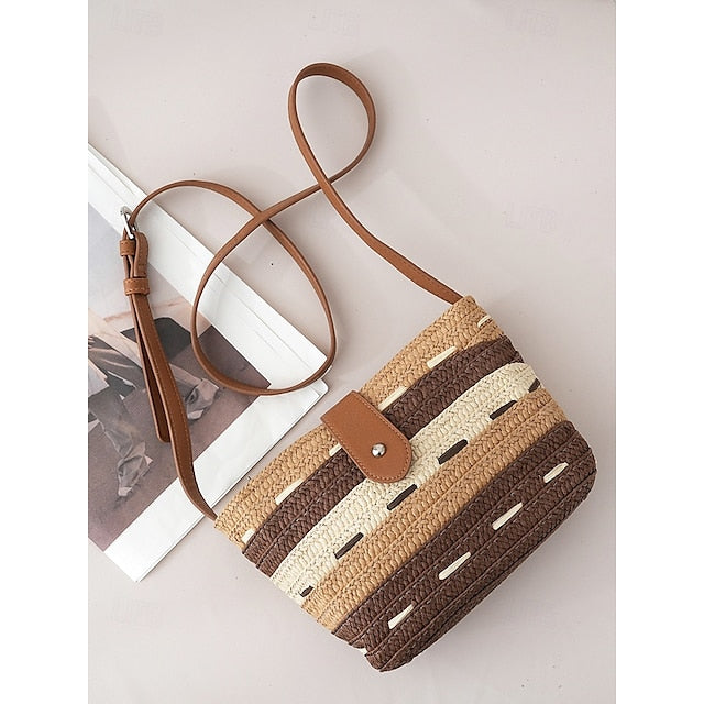 Striped with Bag Colorblock Straw Woven Brown Tote