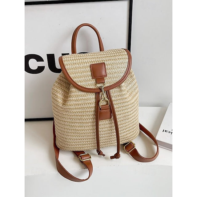 Straw Rattan with Bag Woven Boho for Backpack Travel