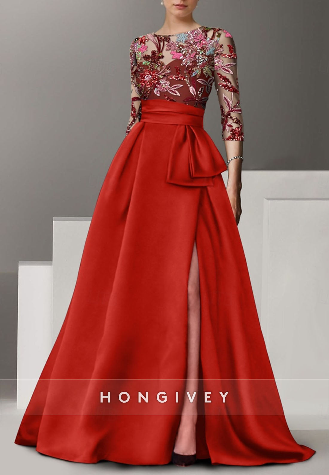 A-line Floor-Length High Slit Illusion Neck Evening Gown Beading 3/4 Sleeve Pleated Formal Dresses