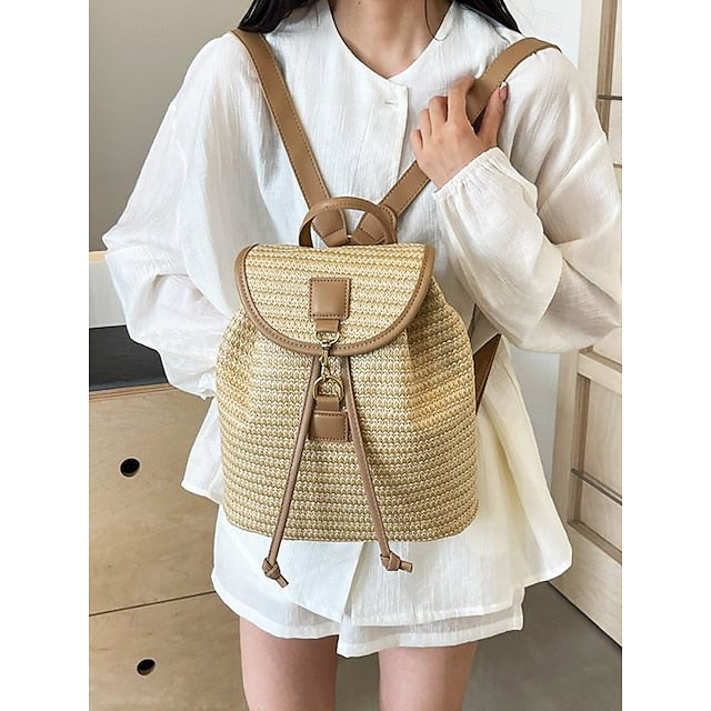 Backpack Straw for Boho Rattan Travel with Woven Bag