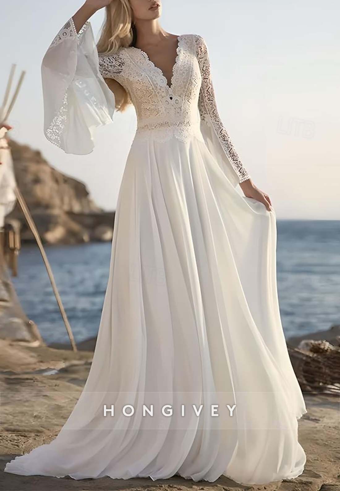Scalloped Neck Bell Sleeves A-line Floor-Length Lace Boho Wedding Dresses