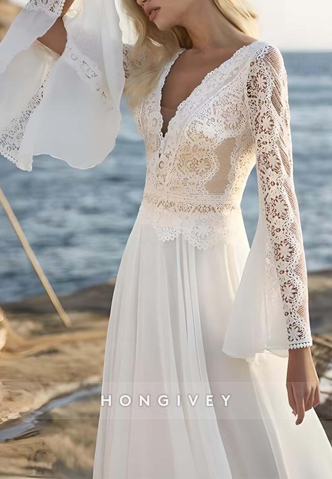 Scalloped Neck Bell Sleeves A-line Floor-Length Lace Boho Wedding Dresses